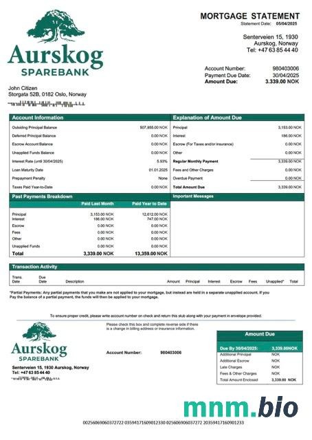 Norwegia Aurskog Sparebank wyciąg z kredytu hipotecznego szablon Word i PDF